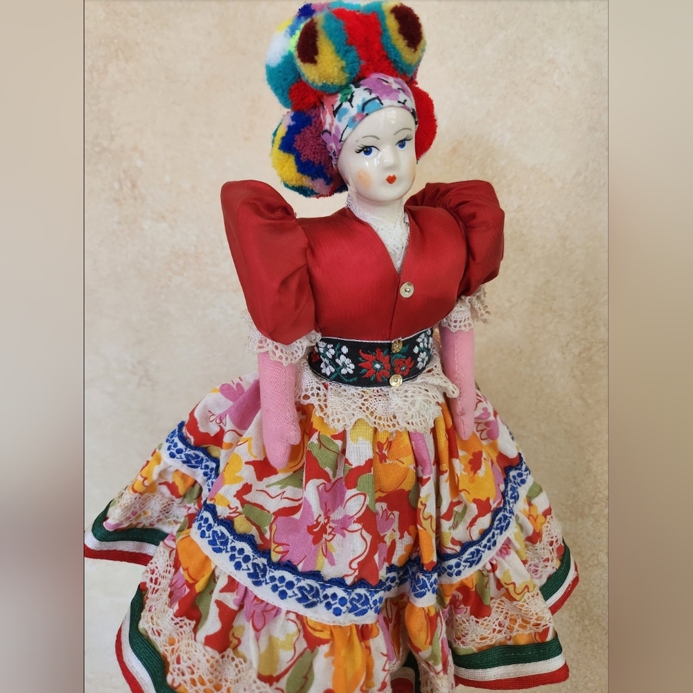 Hungarian costume 12" Dallas folk art doll with Matyo embroidery handmade bobbin